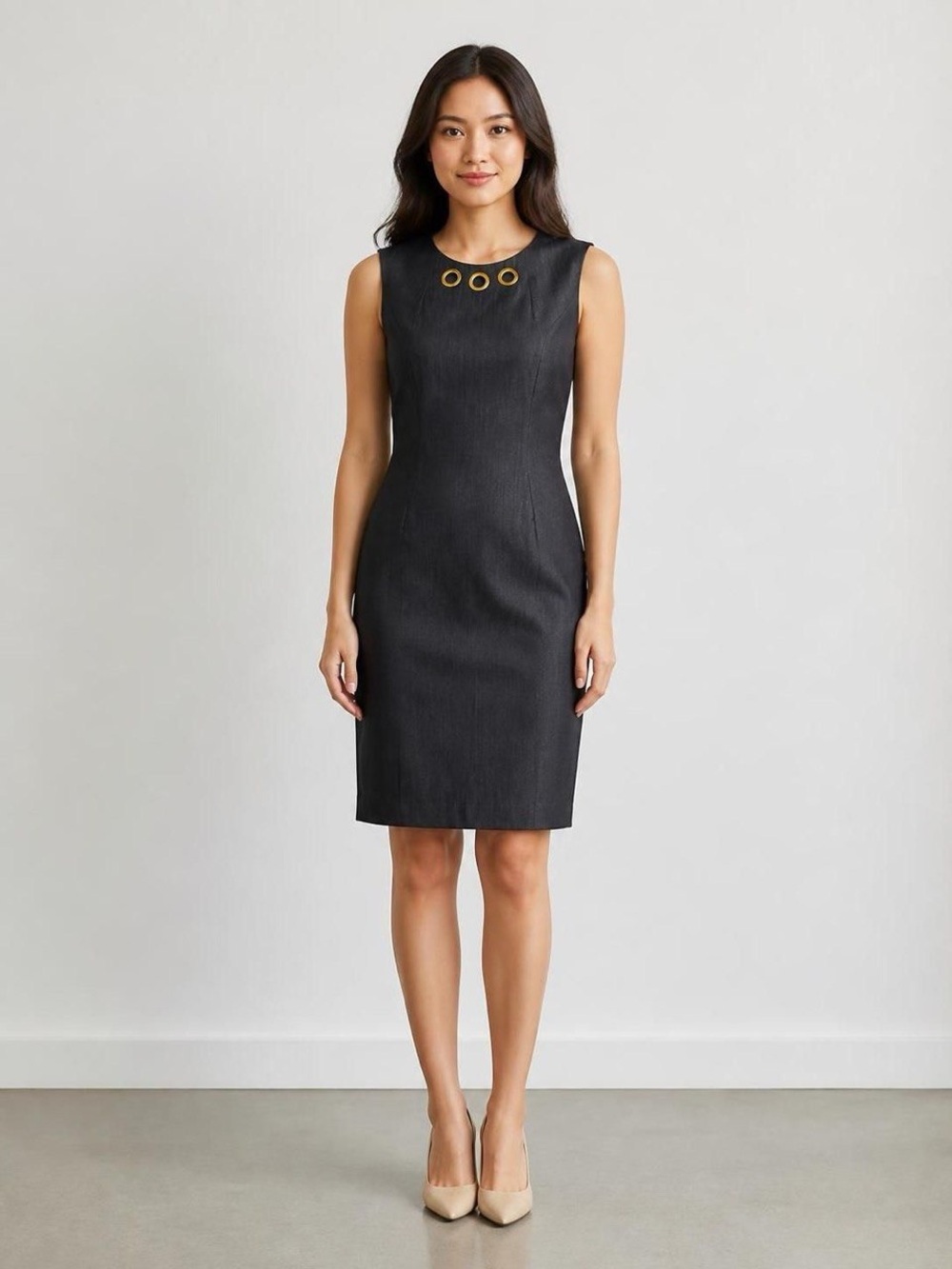 Calvin Klein Black Sleeveless Sheath Dress with Gold Eyelet Detail